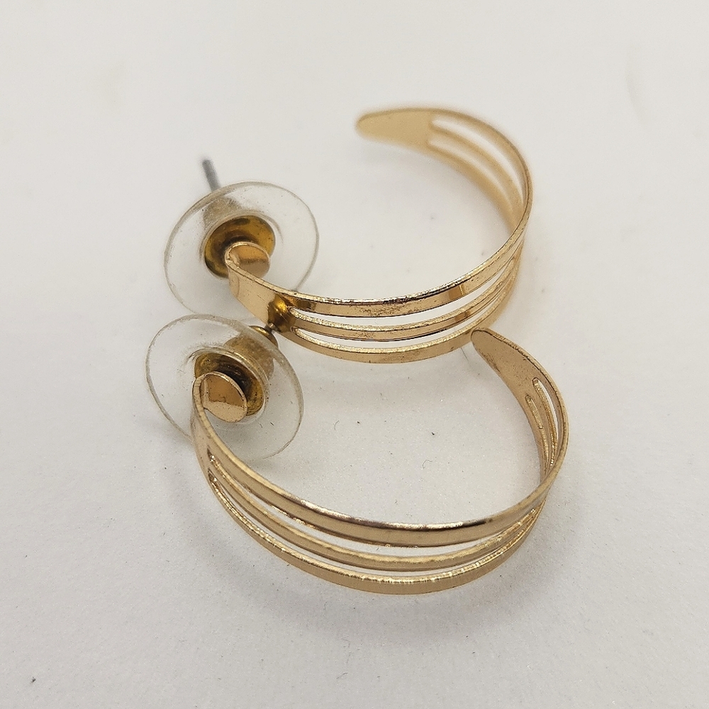 Triple Strand Gold-Tone Half Hoop Post Earrings